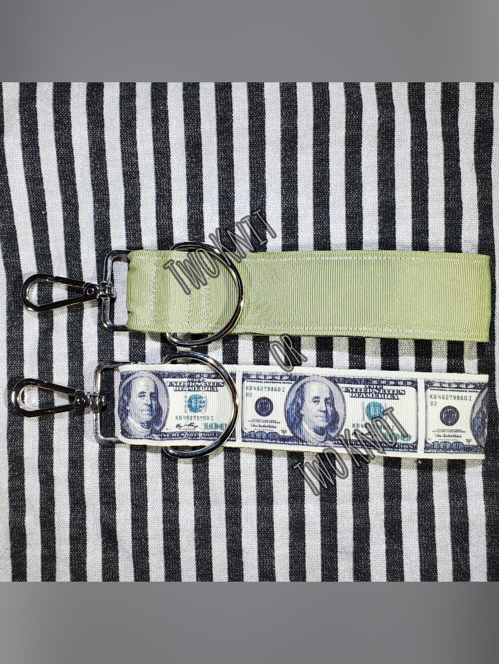Money Print and Light Green Hand Crafted Keychain Strap Set